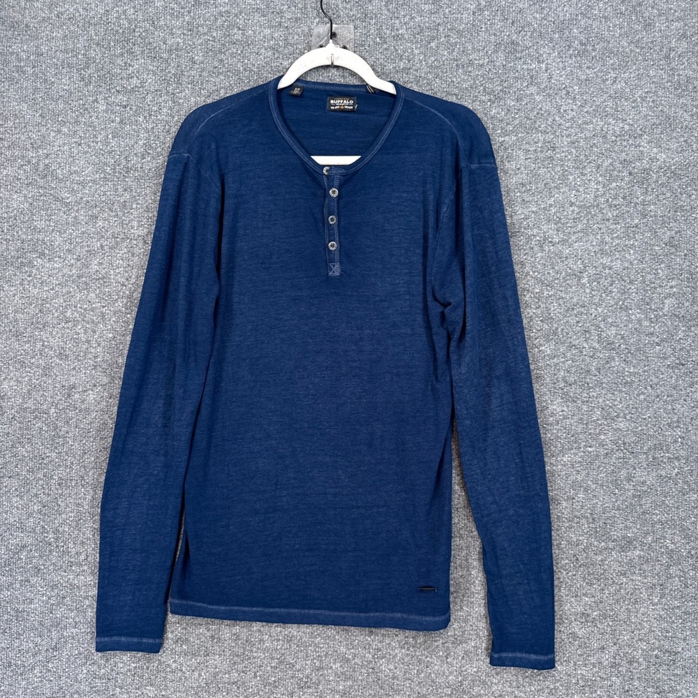 Buffalo David Bitton Henley Shirt Mens Small Blue Long Sleeve Slub Cotton Blend
